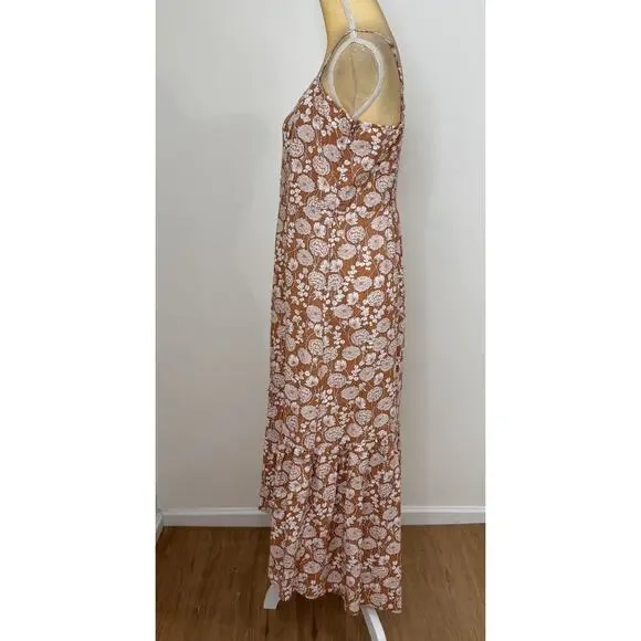 Saks Fifth Avenue Floral Ruffle Linen Blend Midi Dress Size L Brown White - Picture 7 of 12